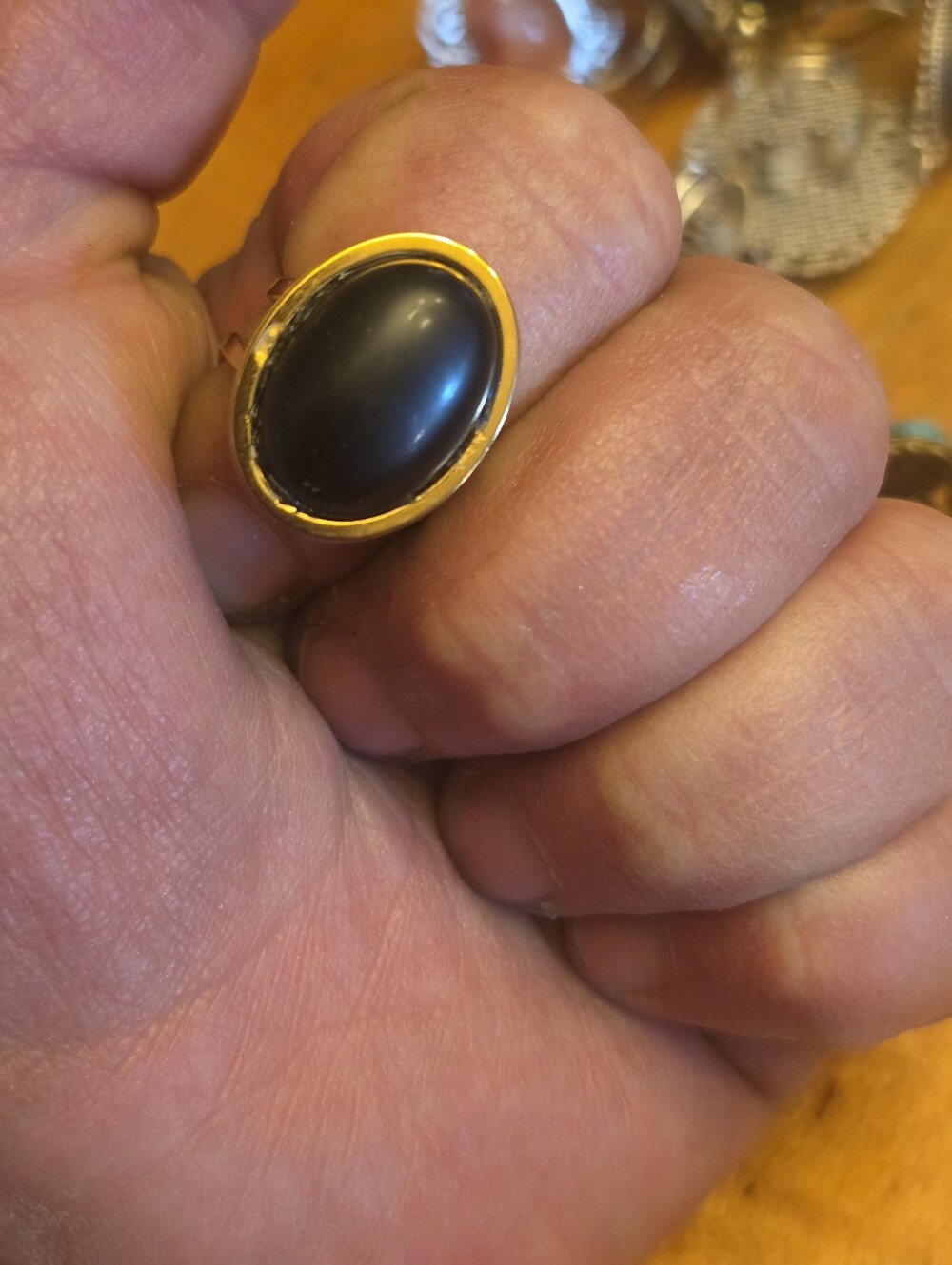 Onyx? Black Stone Ring In Gold Tone Metal Frame, Adjustable Size